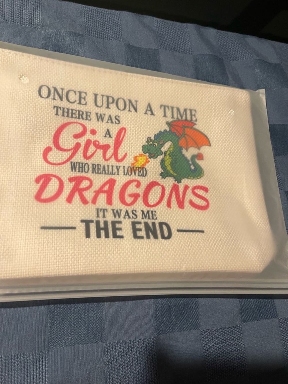 Source Unknown White Canvas Pouch with Pink and Green Dragon Print